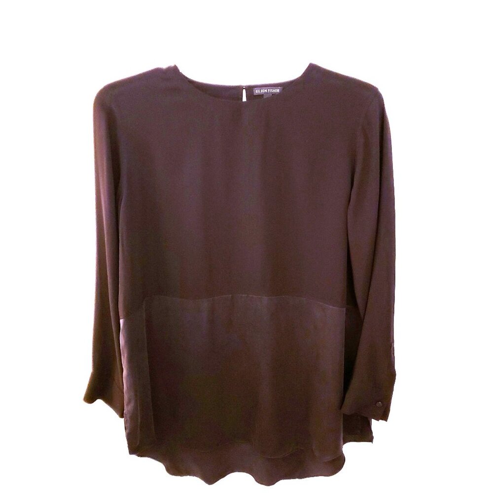 Eileen Fisher 100% Silk Black Mixed Textures Elegant Chic Tunic Top Size M EUC